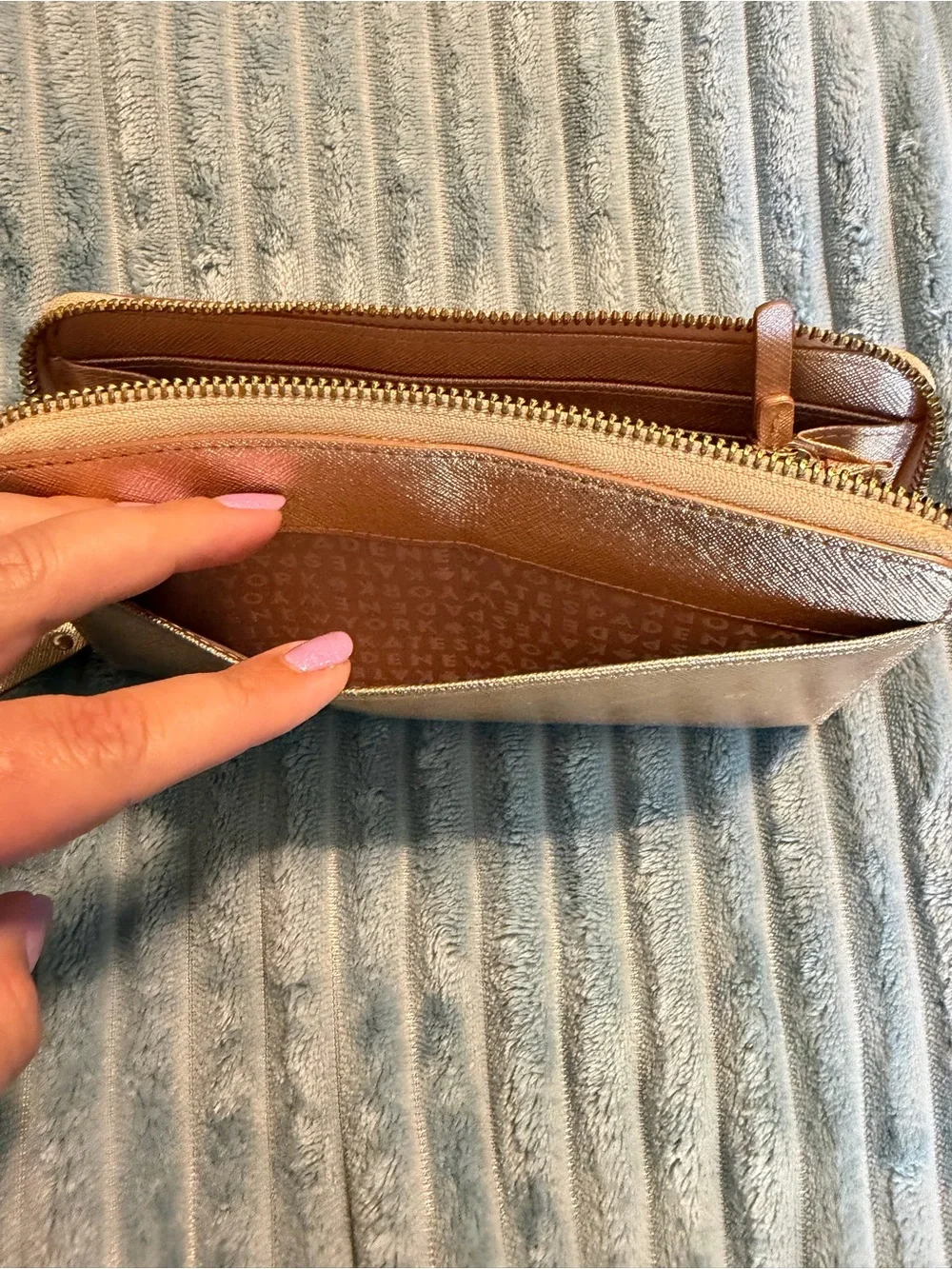 kate spade metallic rose gold zip-around wallet
